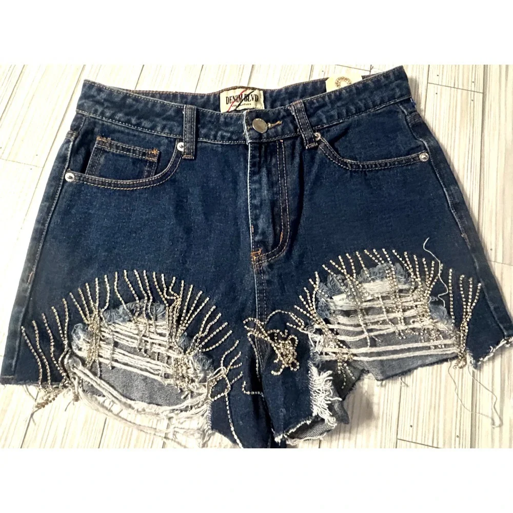 NWT Denim Blvd Bedazzled Distressed Bling Dark Denim Shorts Blue Size SMALL